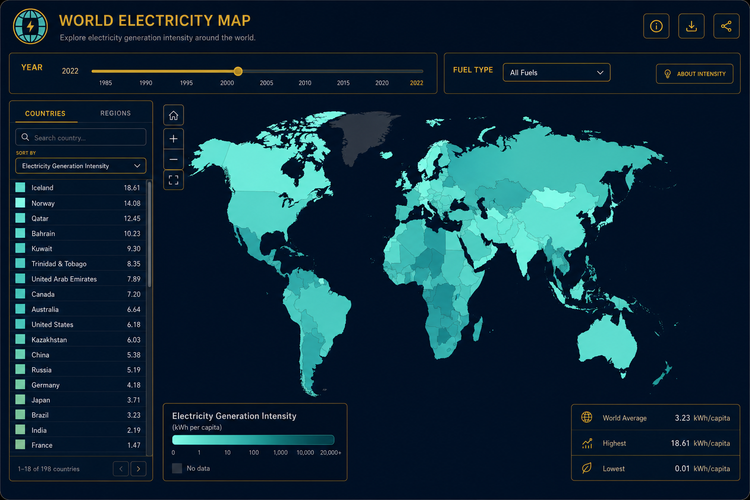 Interactive electricity generation maps — world choropleth by country and U.S. state drill-down