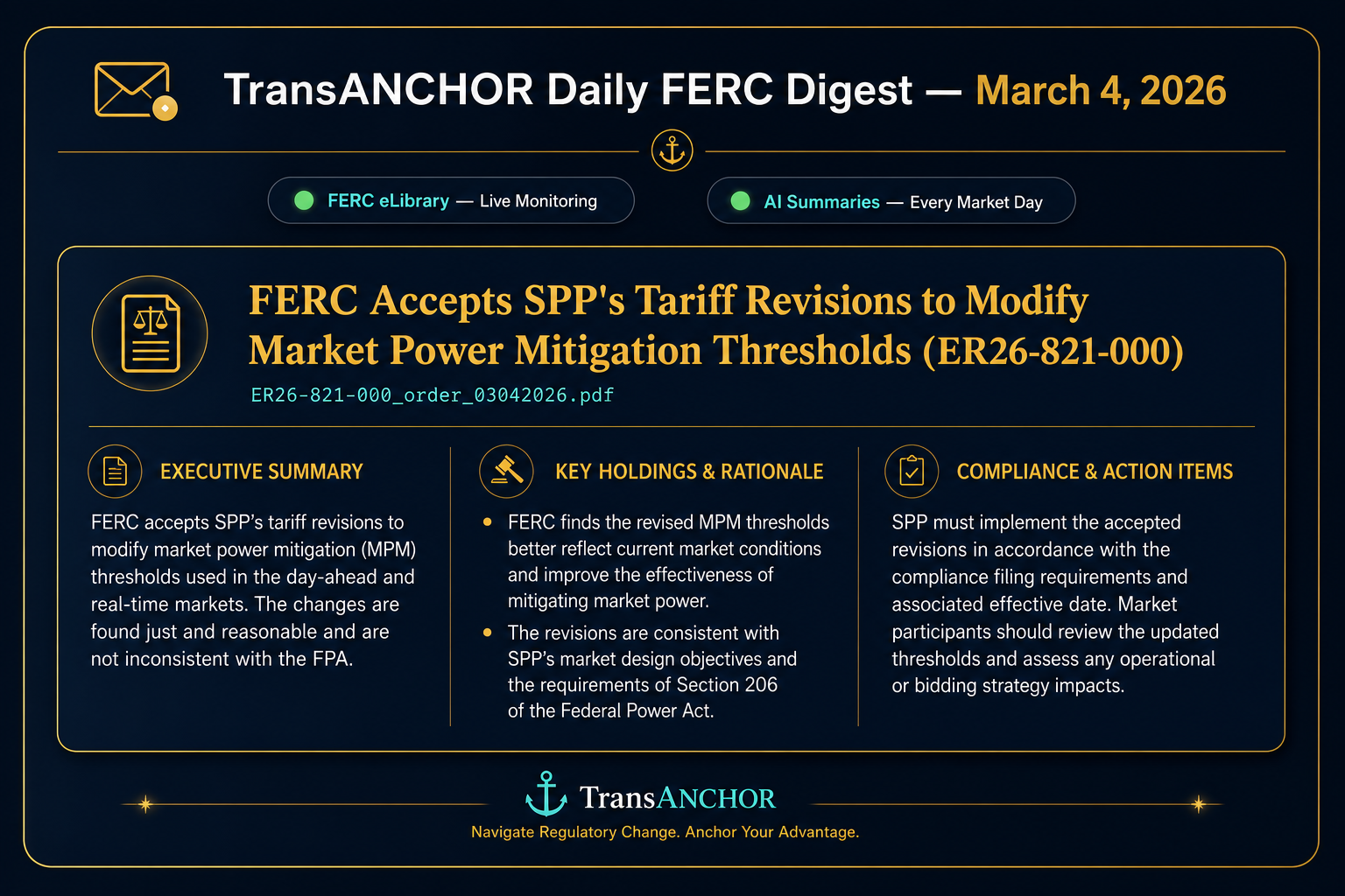 Daily FERC order digest email — structured AI summaries with executive summary, key holdings, and compliance sections