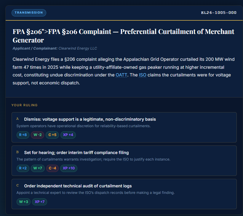 Docket Defender screenshot — FERC docket classification game with timer