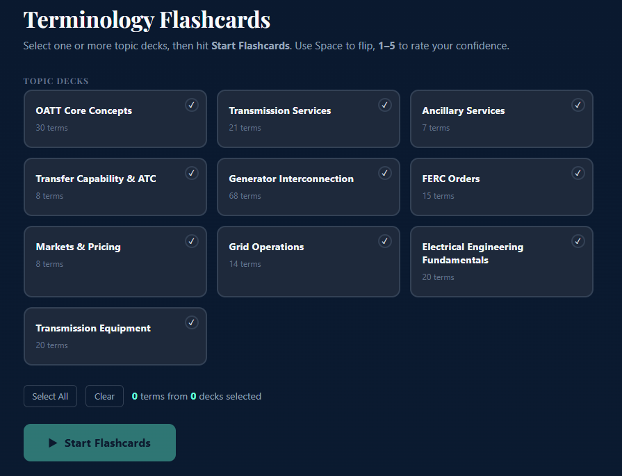 Energy Terminology Flashcards screenshot — FERC and grid terms study interface